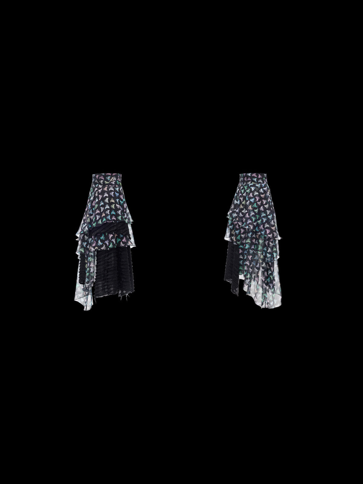 PINKSPINK CAT ALIEN asymmetric mesh maxi skirt — front and back garment-only views