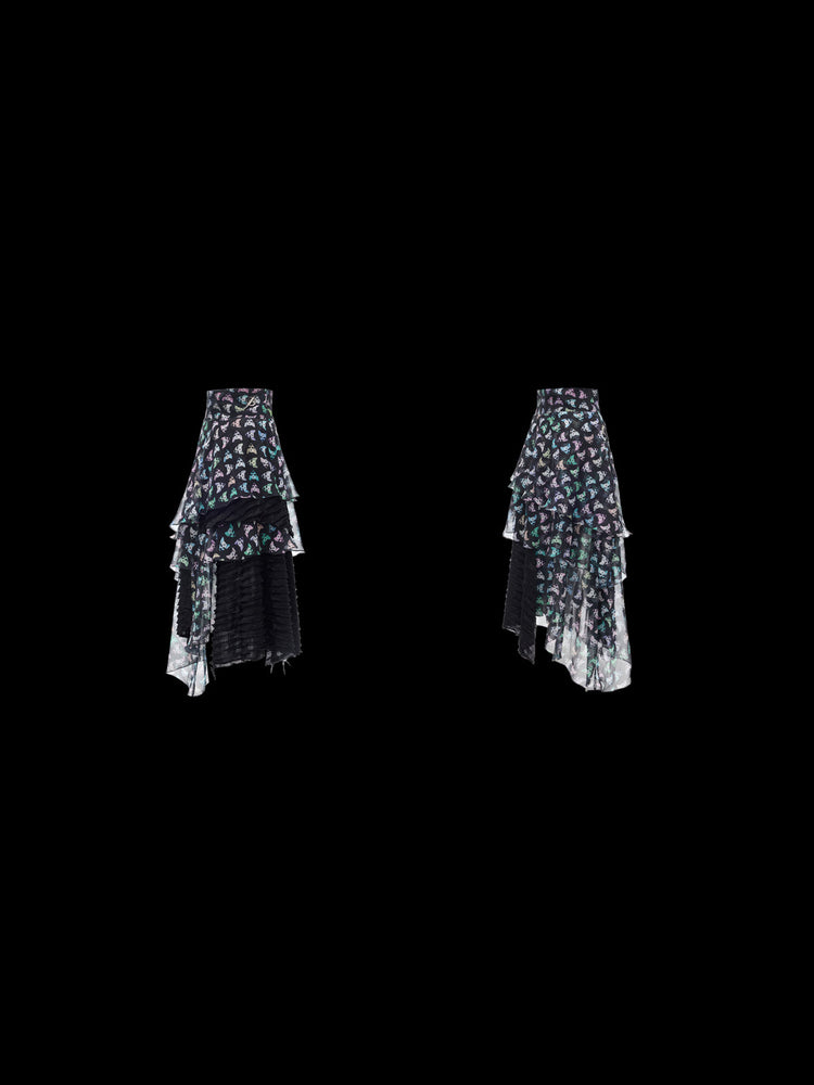 PINKSPINK CAT ALIEN asymmetric mesh maxi skirt — front and back garment-only views