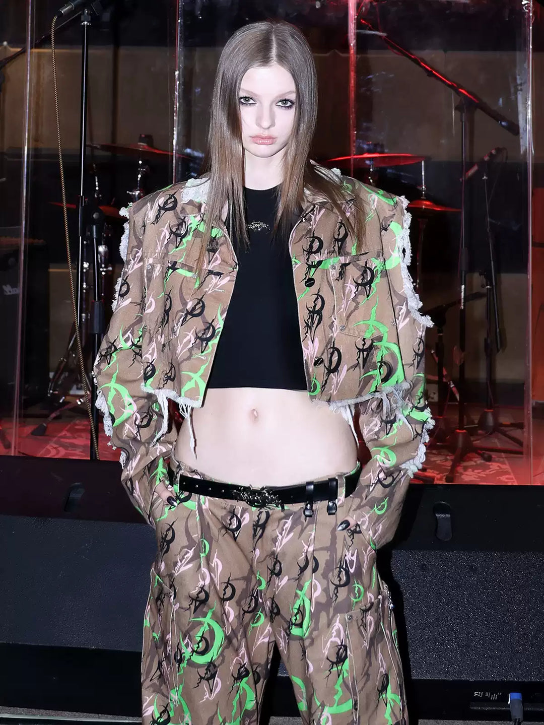 PINKSPINK ELECTRIC MOON distressed camo cropped jacket in CAMOUFLAGE — close front hero view.