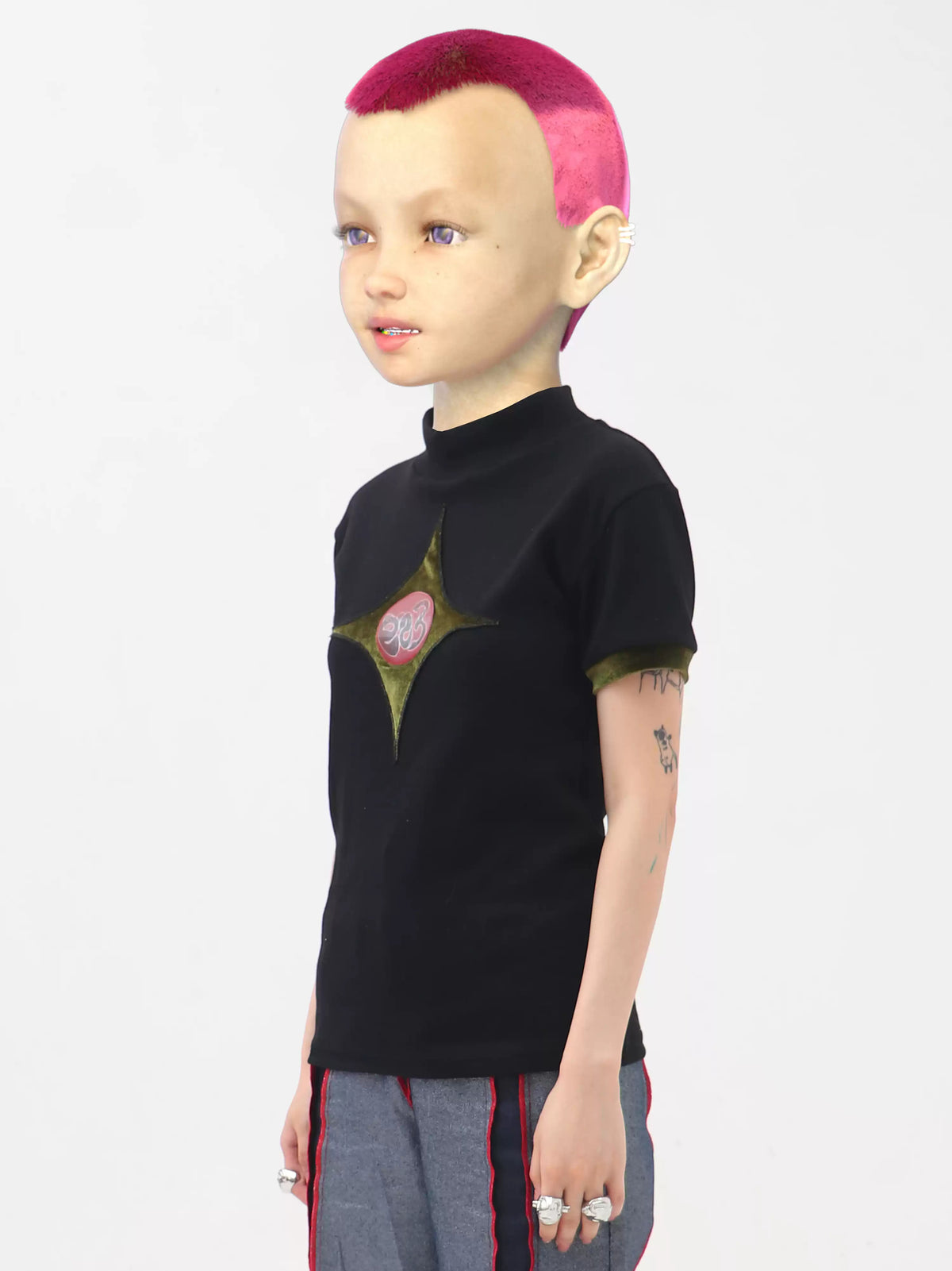 EMBRYO STARSHIFT 3D-effect fitted mock-neck tee — front modeled view