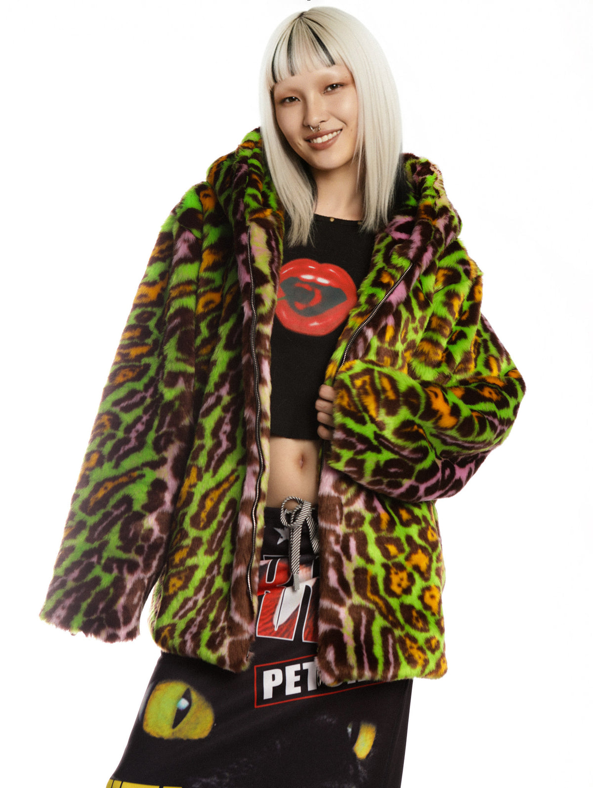 DeadEndKids leopard-print faux-fur hooded jacket in yellow green — angled modeled view with hood down