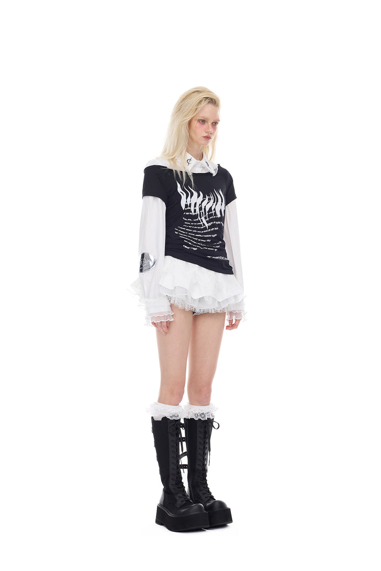 PINKSPINK ELECTRIC MOON lace puff-hem shirt — modeled front styling view