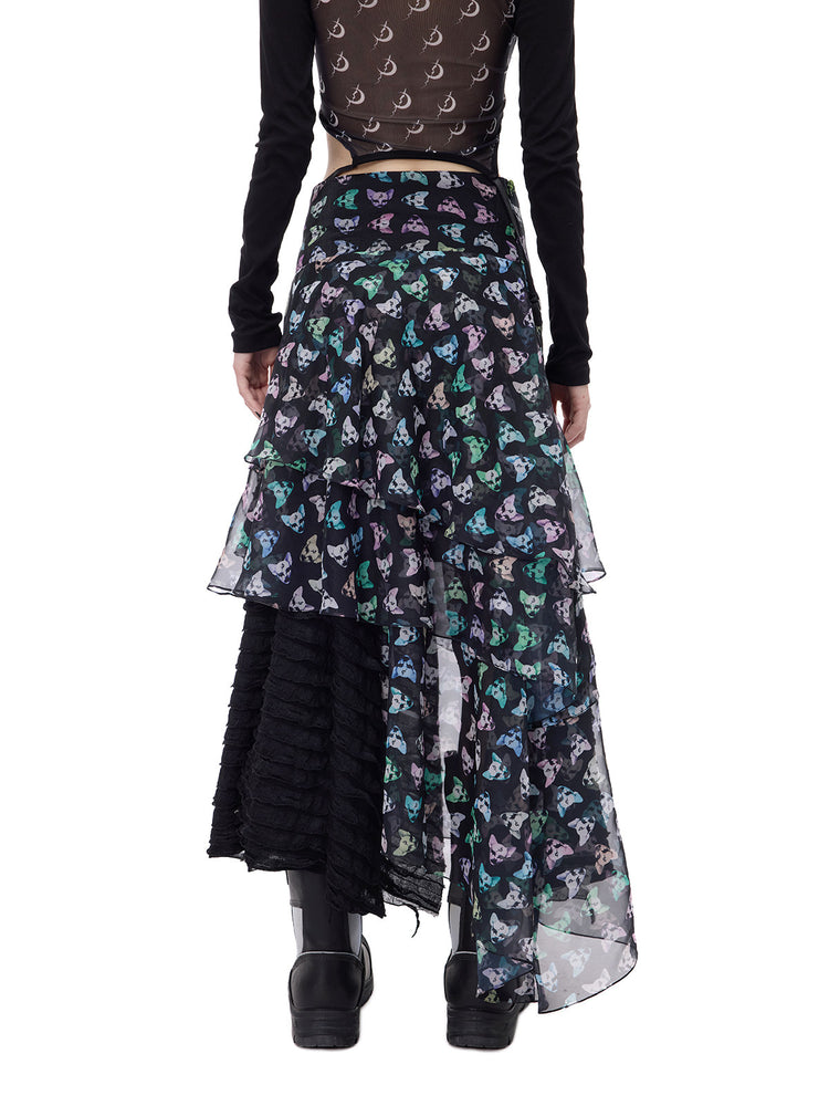 PINKSPINK CAT ALIEN asymmetric mesh maxi skirt — back detail of printed mesh and asymmetric ruffles