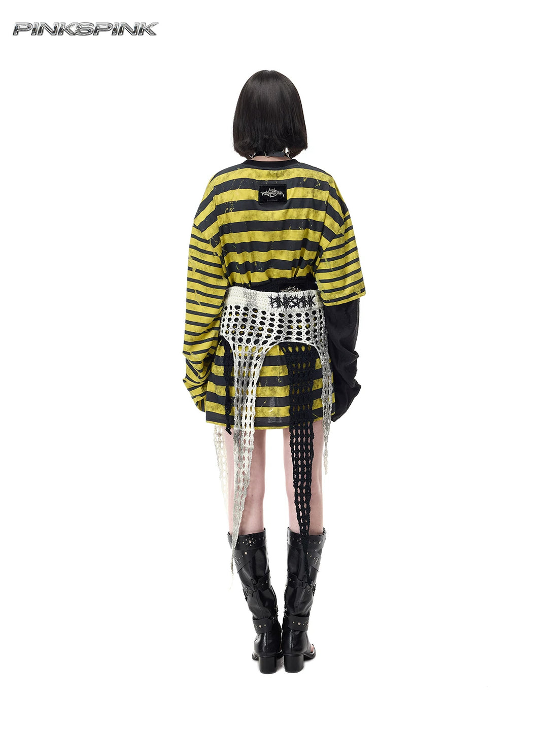 PINKSPINK THORNSTAR open-knit layering skirt in ivory white — full-length rear modeled view layered with a separate black skirt over a striped tee