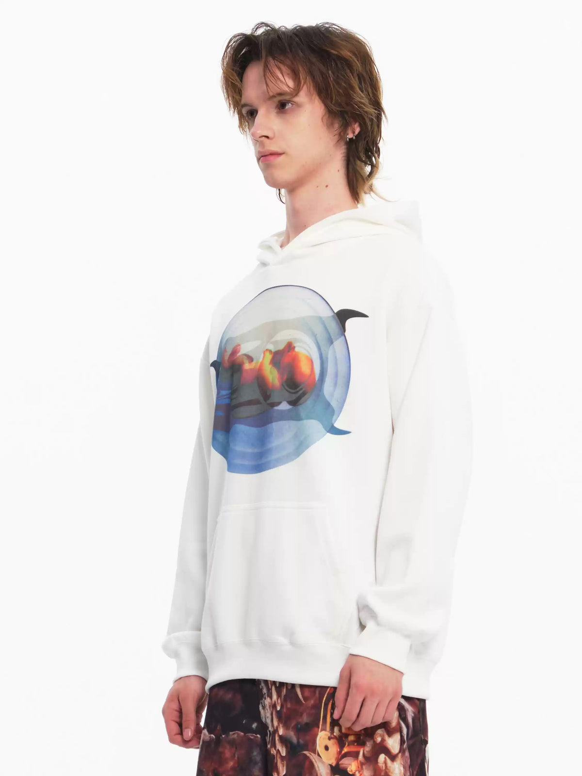 EMBRYO PLAN white graphic hoodie — front modeled view