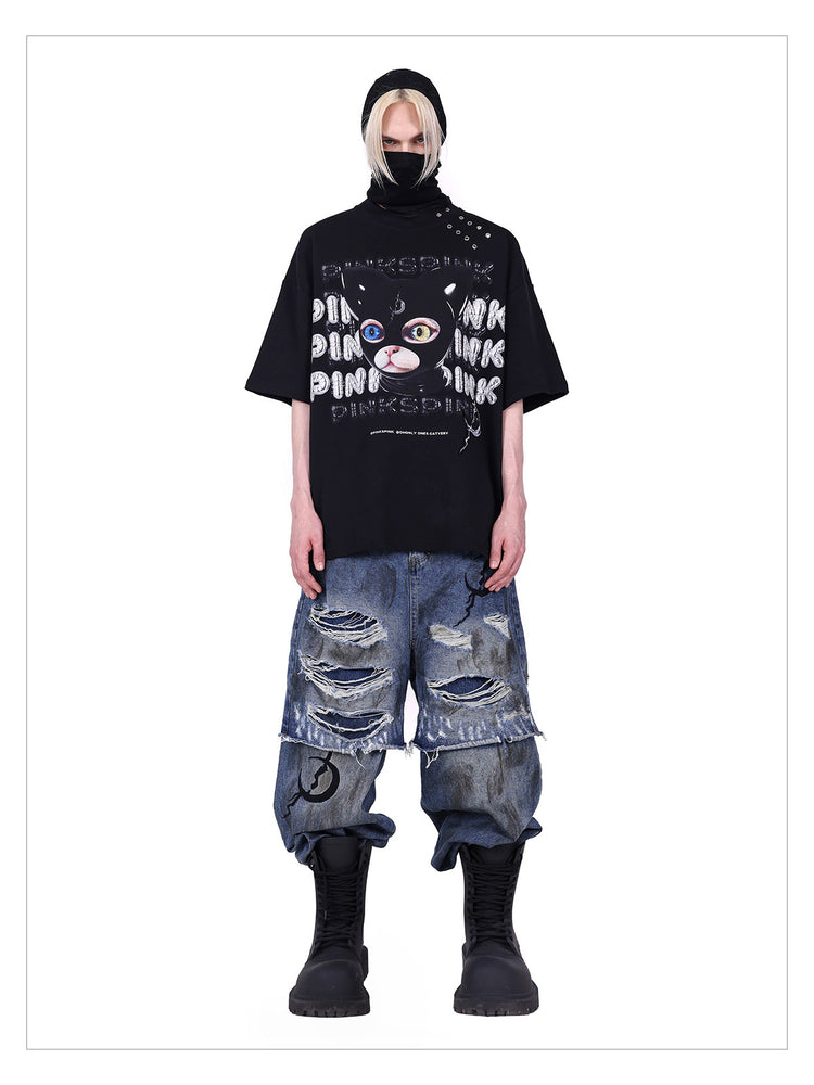 PINKSPINK GERMAN CAT oversized graphic tee — close-up view of the material and finishing