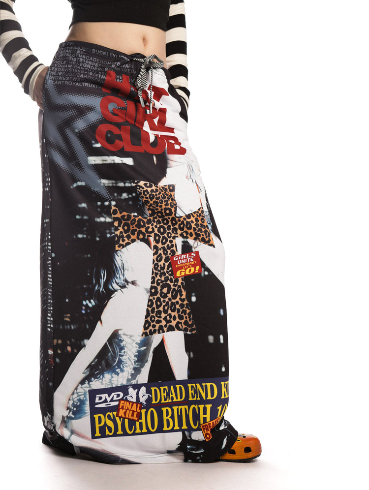 DEADENDKIDS HOT GIRL CLUB graphic maxi skirt — material and print detail