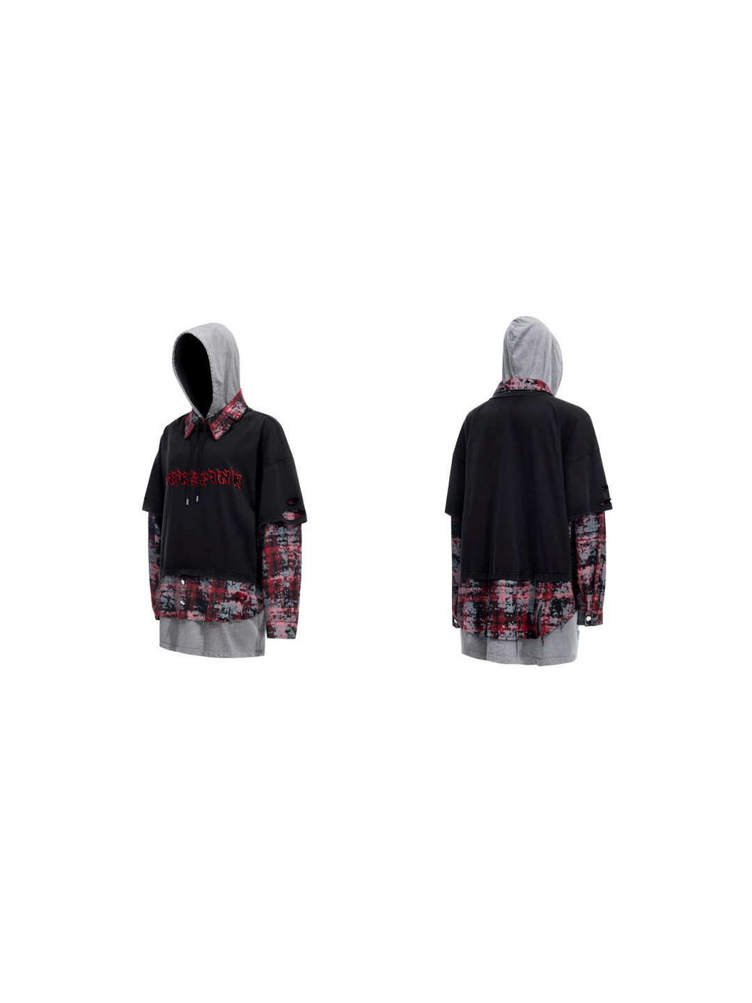 PINKSPINK REMAKE triple-layer plaid hoodie — black and red plaid hoodie — front and back garment views