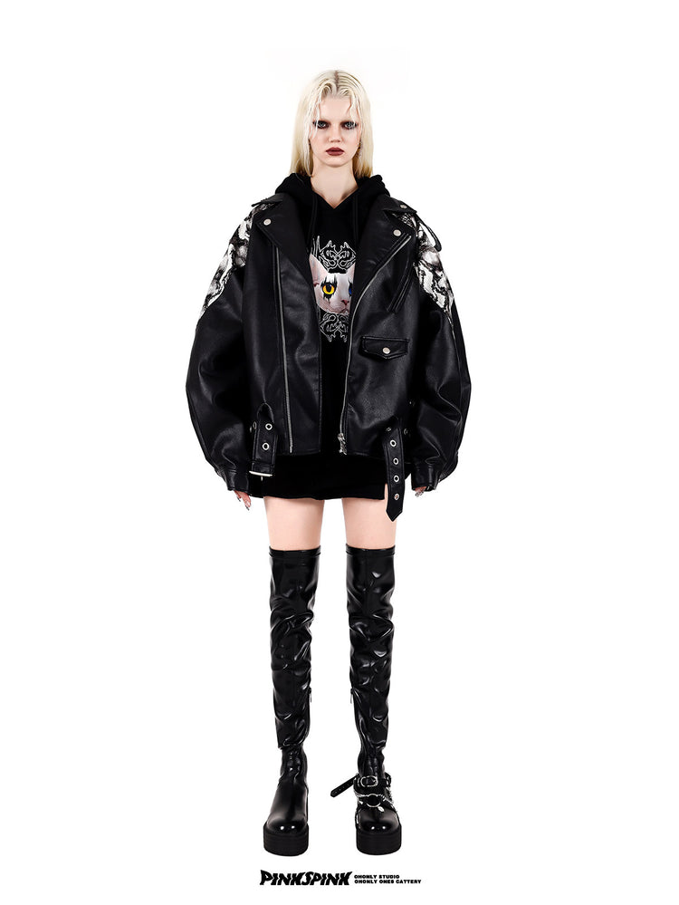 PINKSPINK COBRA snake-print faux-leather moto jacket — black full-length front view styled over a cat graphic hoodie