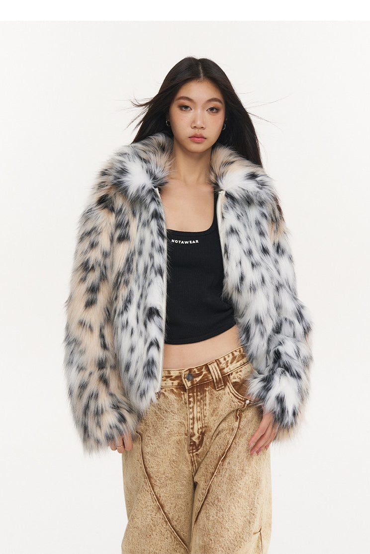 NAWS WILD LEOPARD faux-fur jacket — modeled detail view of the garment construction