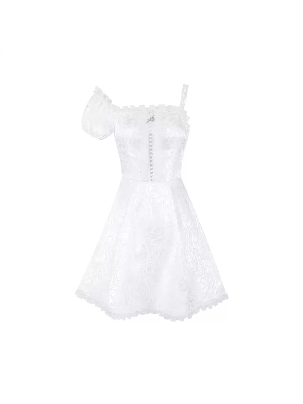 PINKSPINK FAIRY pearl-trim asymmetric mini dress — front garment-only view showing the asymmetric ruffled dress