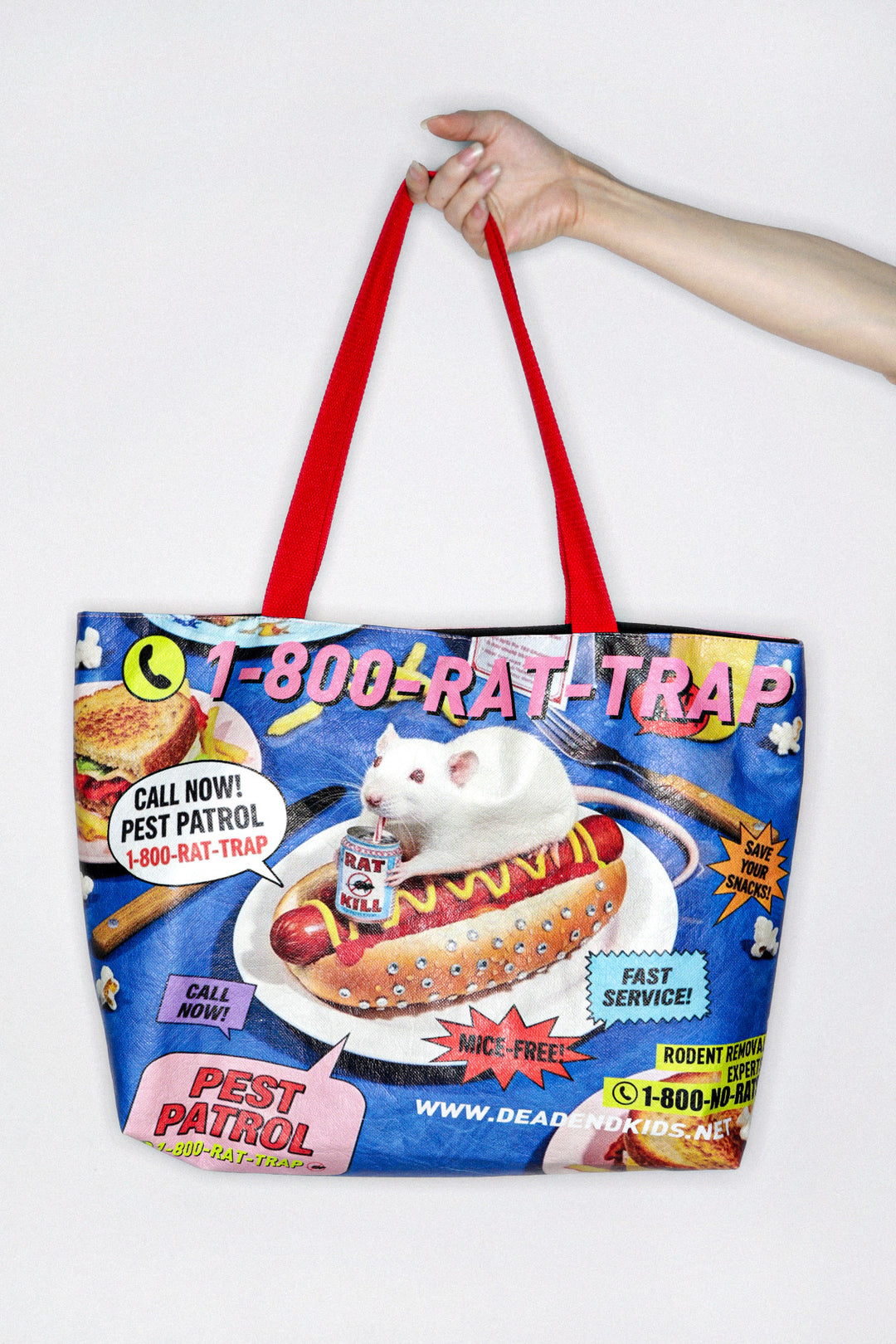 DEADENDKIDS PEST PATROL Tyvek tote bag — close modeled view