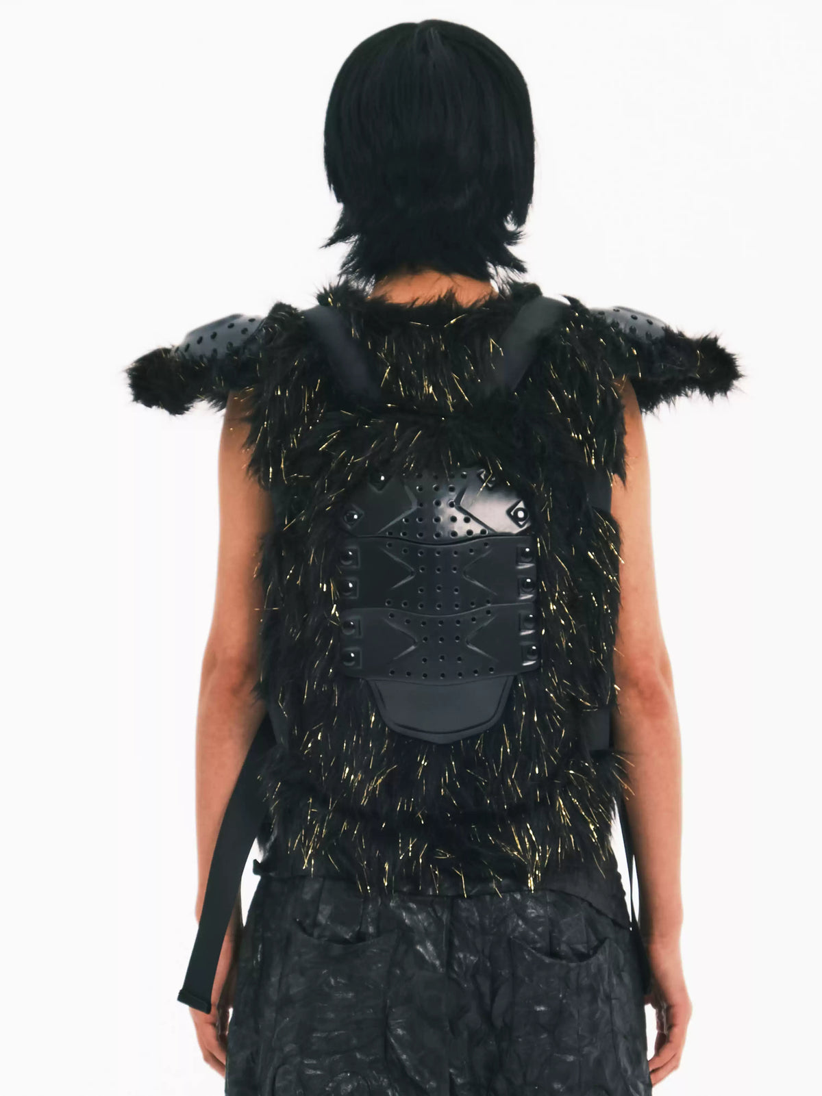 EMBRYO GOLD MECHA long-pile armored vest — back modeled view