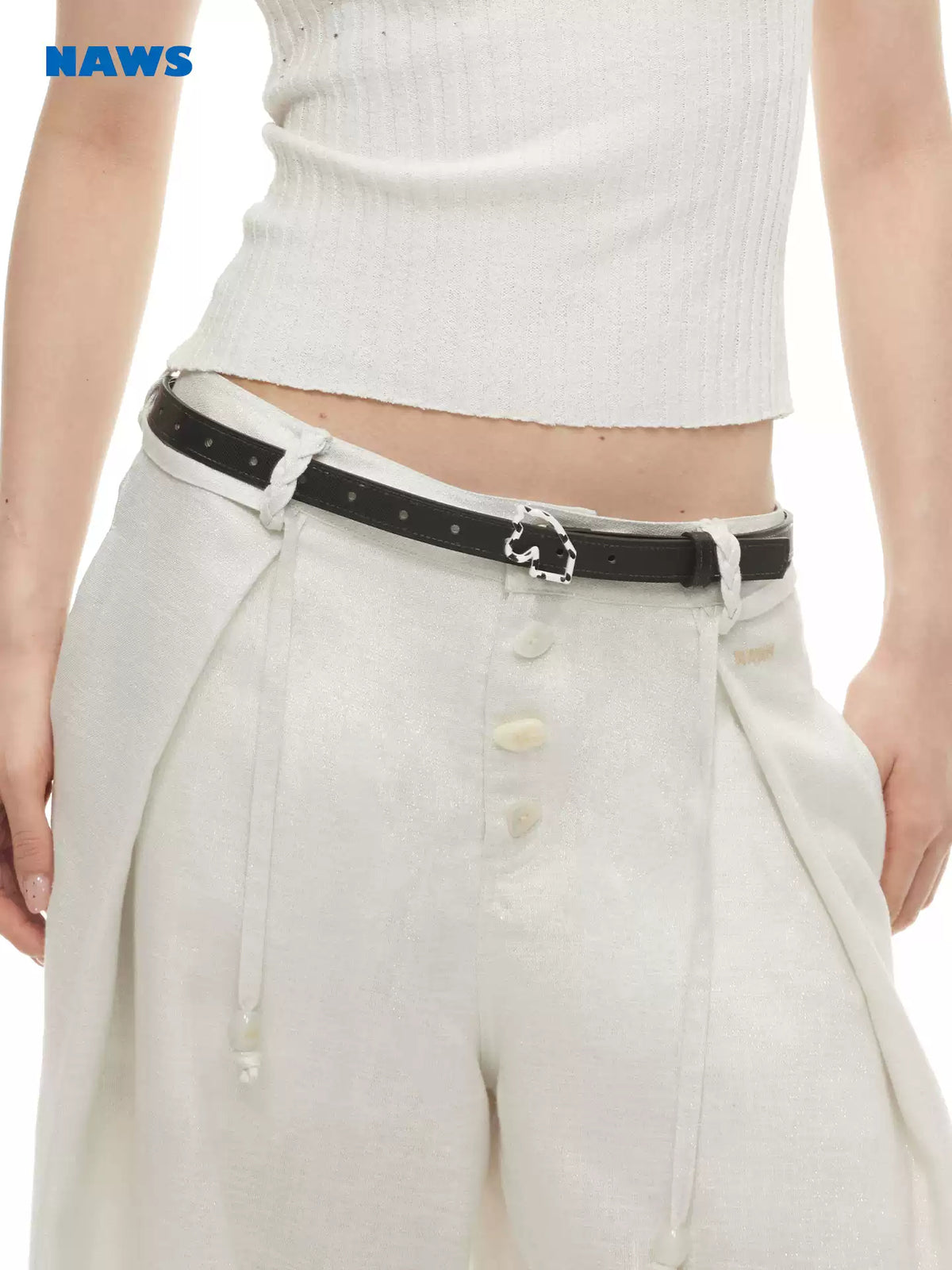NAWS MONTAIGNE horseshoe leather belt — alternate modeled view showing the silhouette