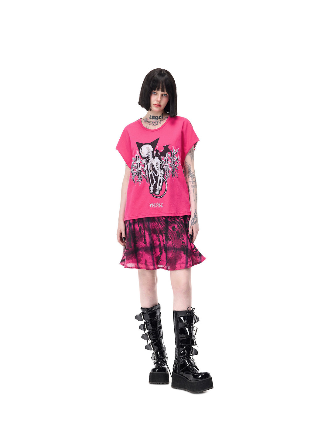 PINKSPINK DEVILCAT leopard-back graphic tee in pink — full-length angled front outfit view repeated in the hero collage
