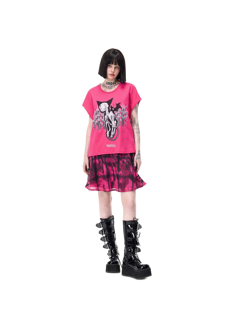PINKSPINK DEVILCAT leopard-back graphic tee in pink — full-length angled front outfit view repeated in the hero collage