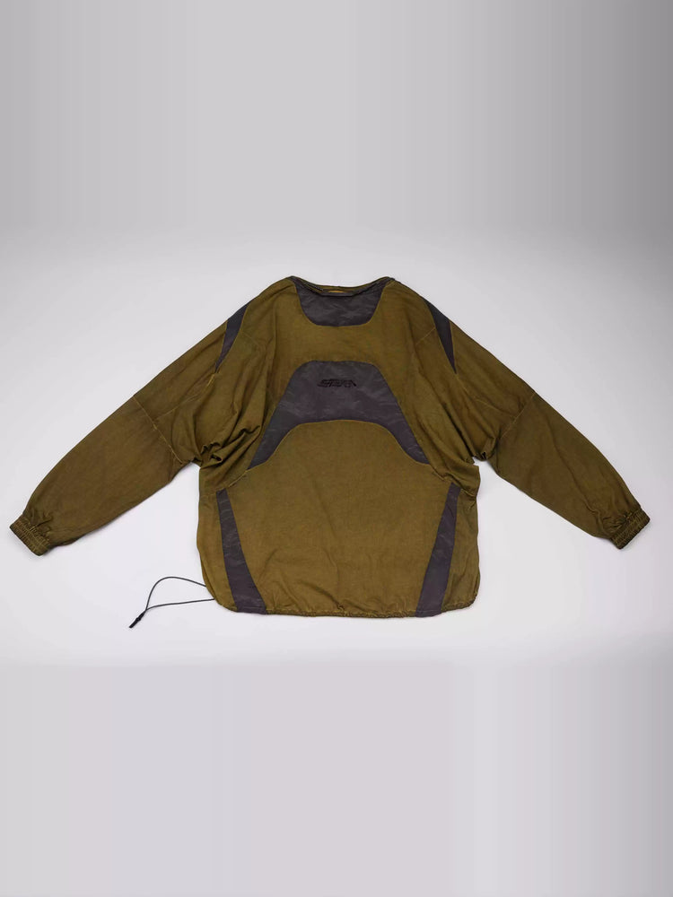 PIONEER mars yellow drawstring commuter sweatshirt — back flat-lay view showing the geometric contrast panels and extended rear hem