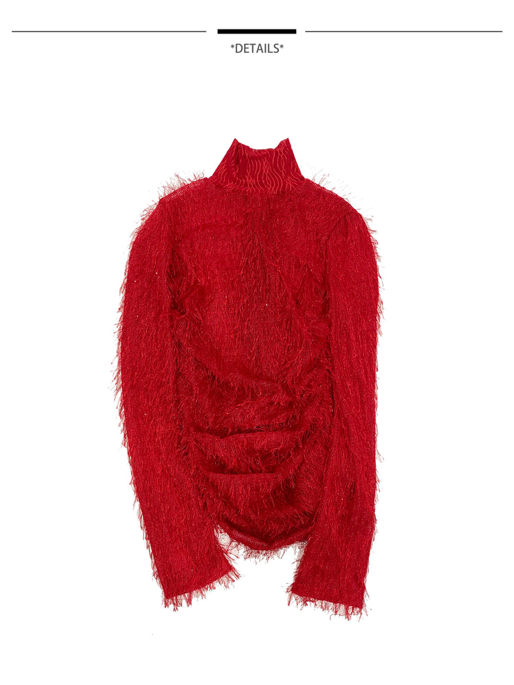 EMBRYO RED SPIDER distressed mesh top — rear modeled view