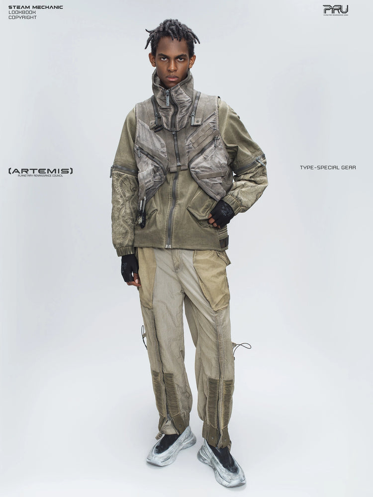 STARCORE mercury brown engineer utility pants — full-length modeled view styled with a utility vest