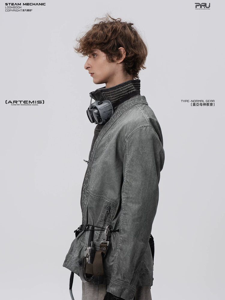 GAIA meteor gray open-collar technical robe — side modeled view
