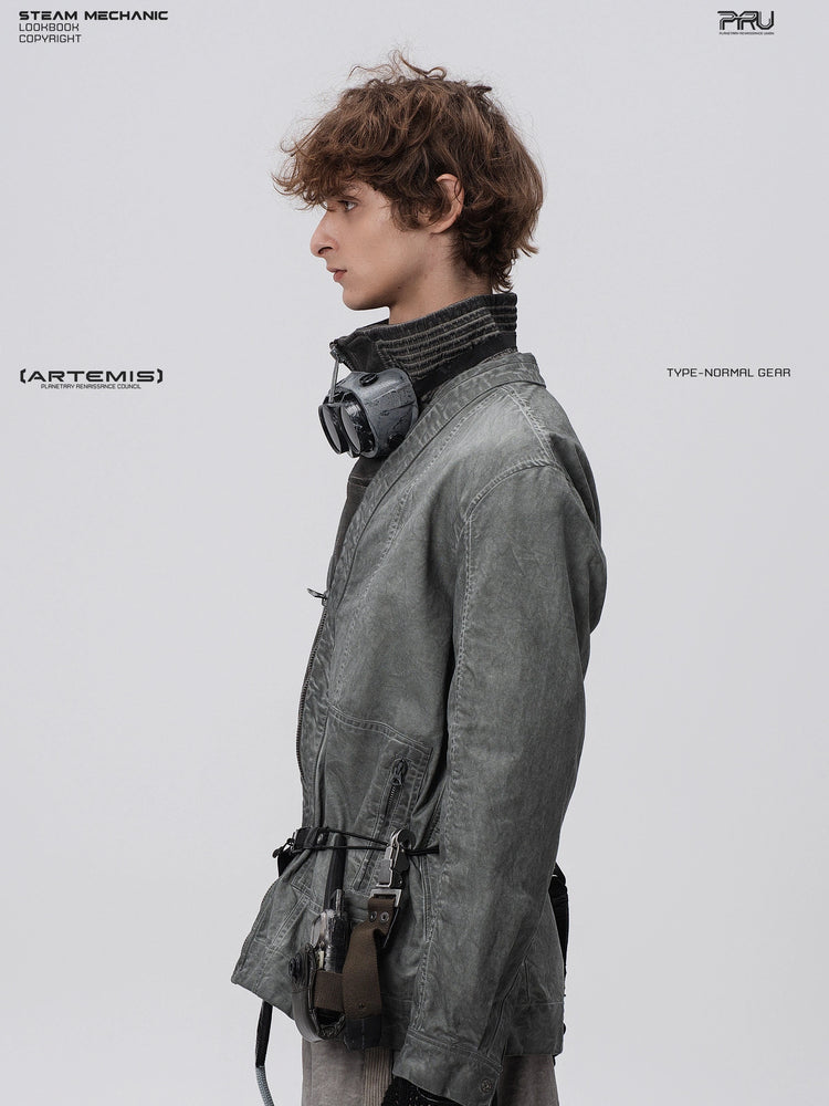 GAIA meteor gray open-collar technical robe — opposite side profile modeled view facing left
