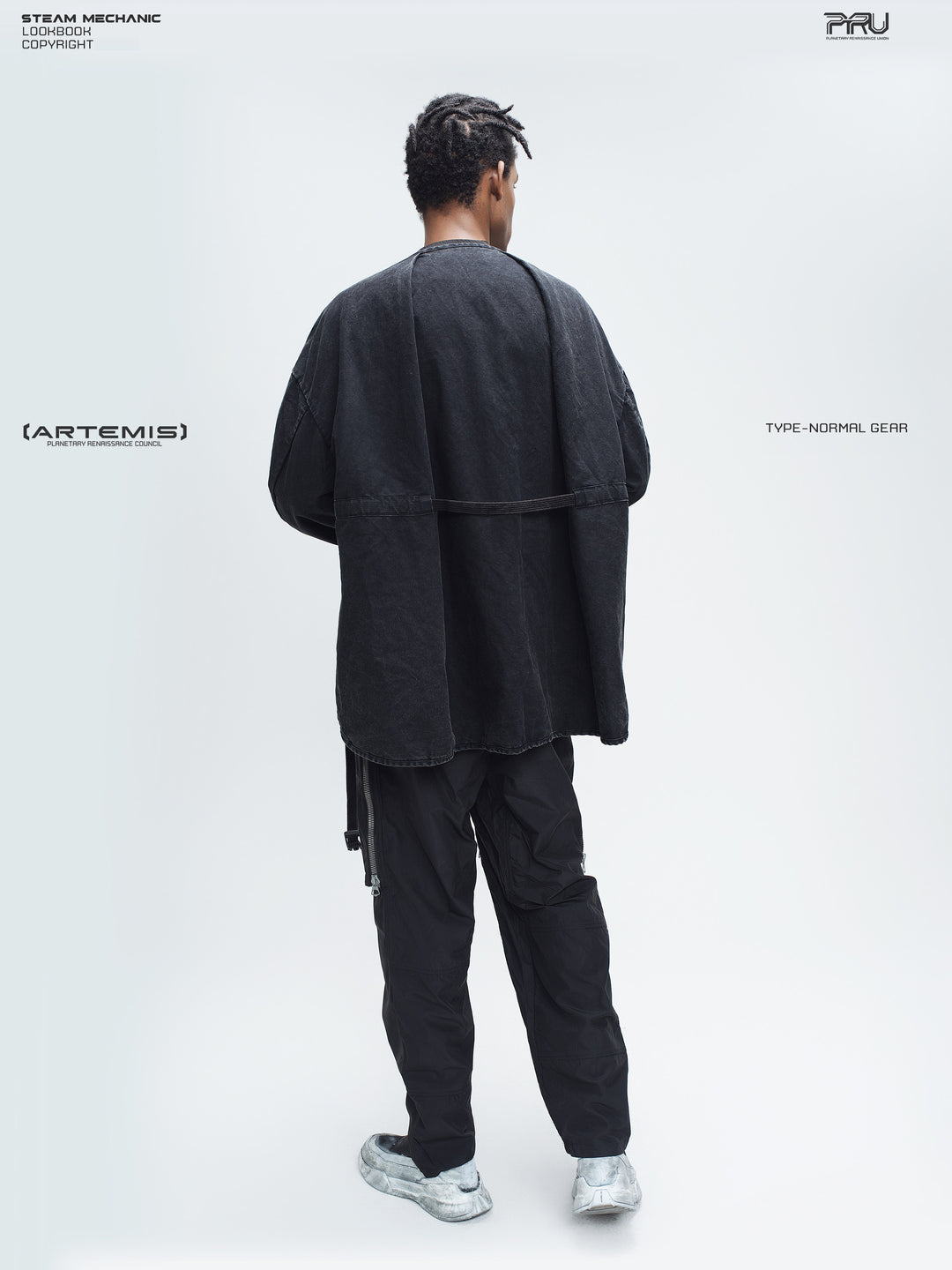 GAIA night black priest zip robe jacket — full-length rear three-quarter modeled view showing the broad drape and back strap