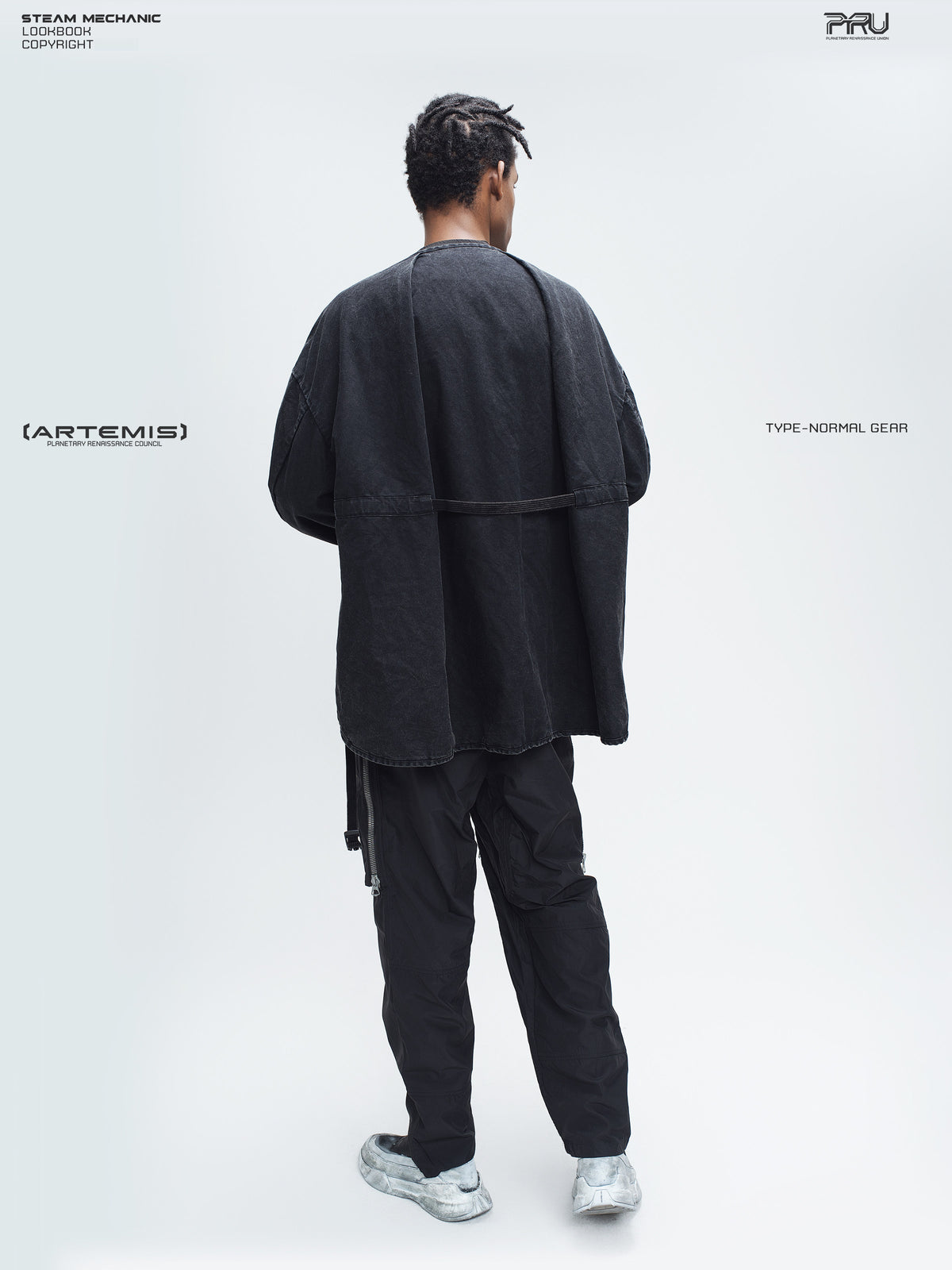GAIA night black priest zip robe jacket — full-length rear three-quarter modeled view showing the broad drape and back strap