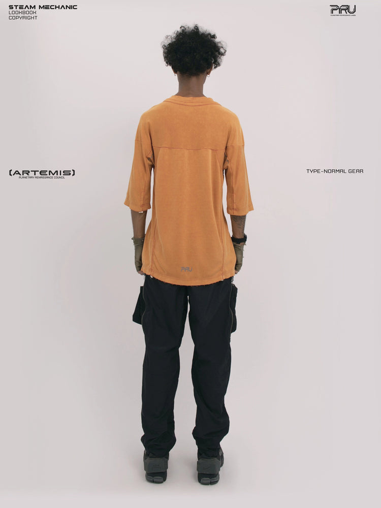 LIGHTSHADOW eclipse orange deconstructed technical tee — full-length back view showing the curved hem