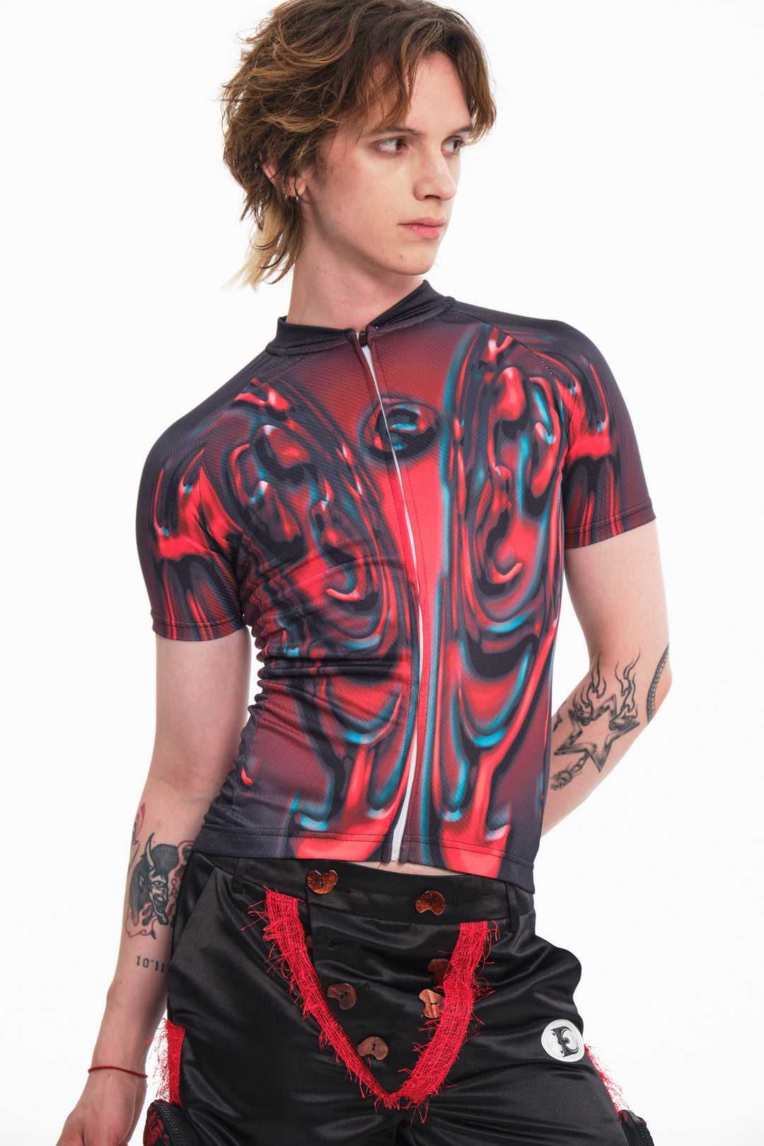 EMBRYO RED SIGNAL fitted cycling top — close modeled view