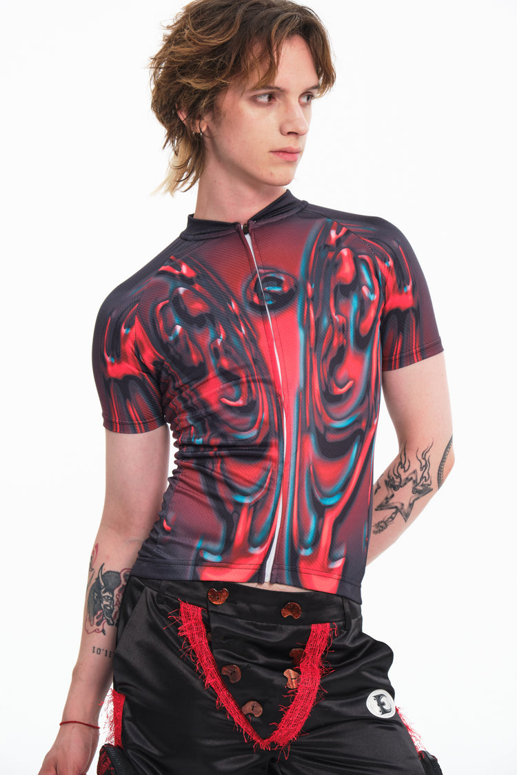 EMBRYO RED SIGNAL fitted cycling top — close modeled view