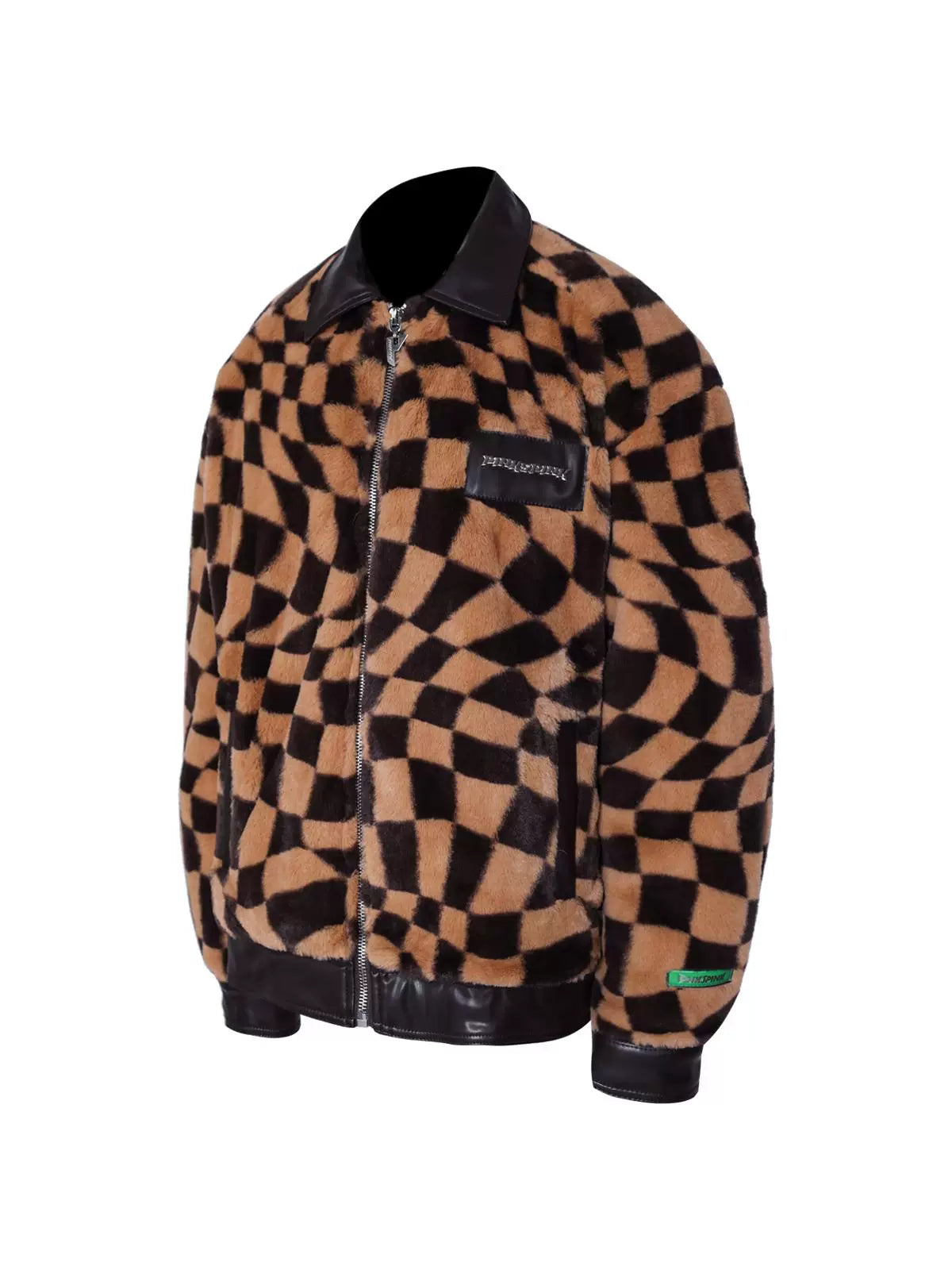 PINKSPINK WARPED checkerboard padded faux-fur jacket — caramel brown checkerboard jacket — front garment-only view