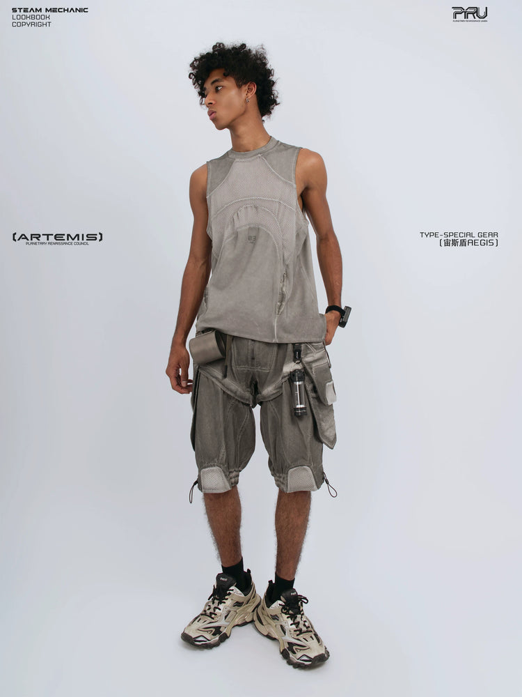 AEGIS lunar sea gray distressed mesh tank — full-length styled view