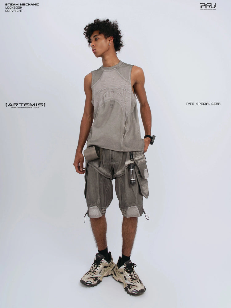AEGIS lunar sea gray distressed mesh tank — full-length angled front modeled view looking sideways