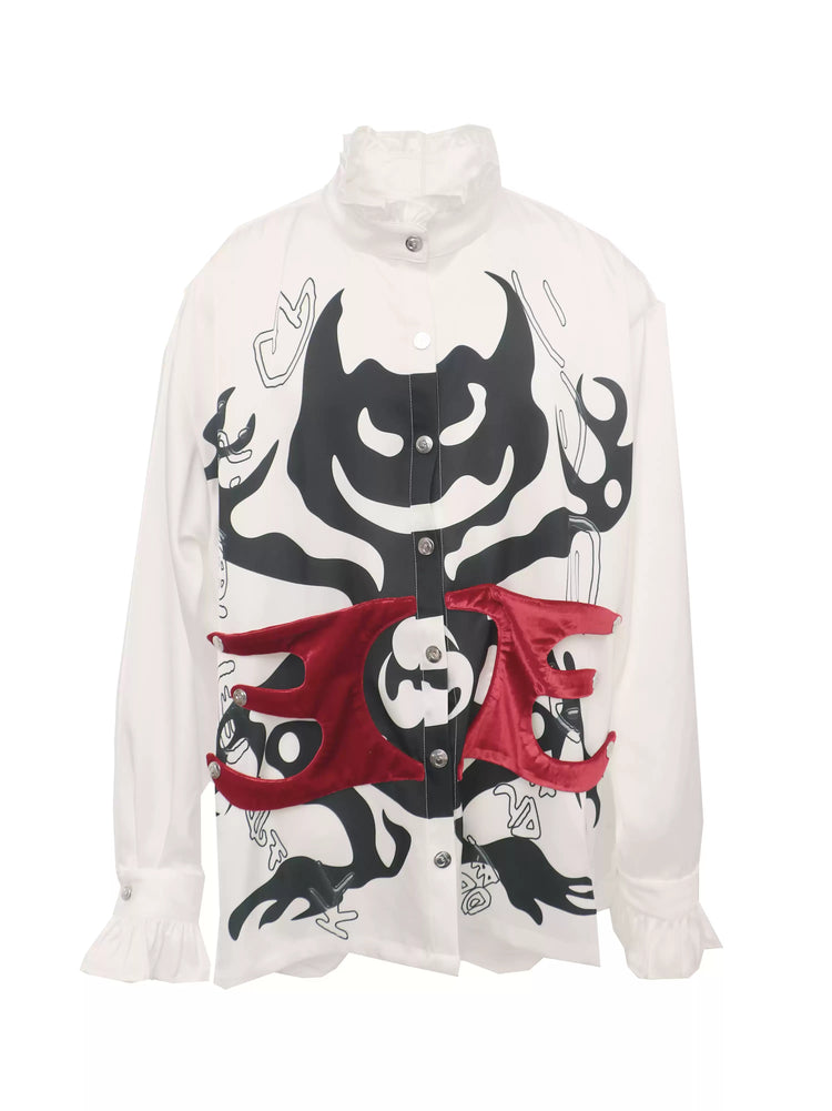 EMBRYO COURT TOTEM velvet-frill mock-neck shirt — rear or construction presentation