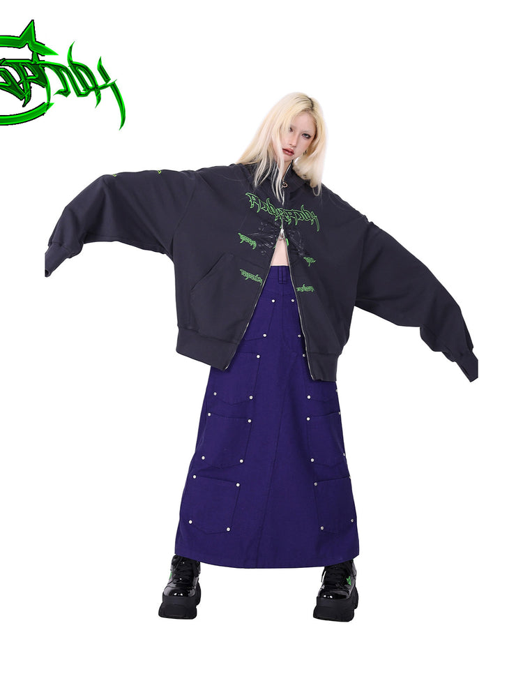 PINKSPINK DNA circle-star balaclava zip hoodie — modeled view with arms extended showing the oversized cut