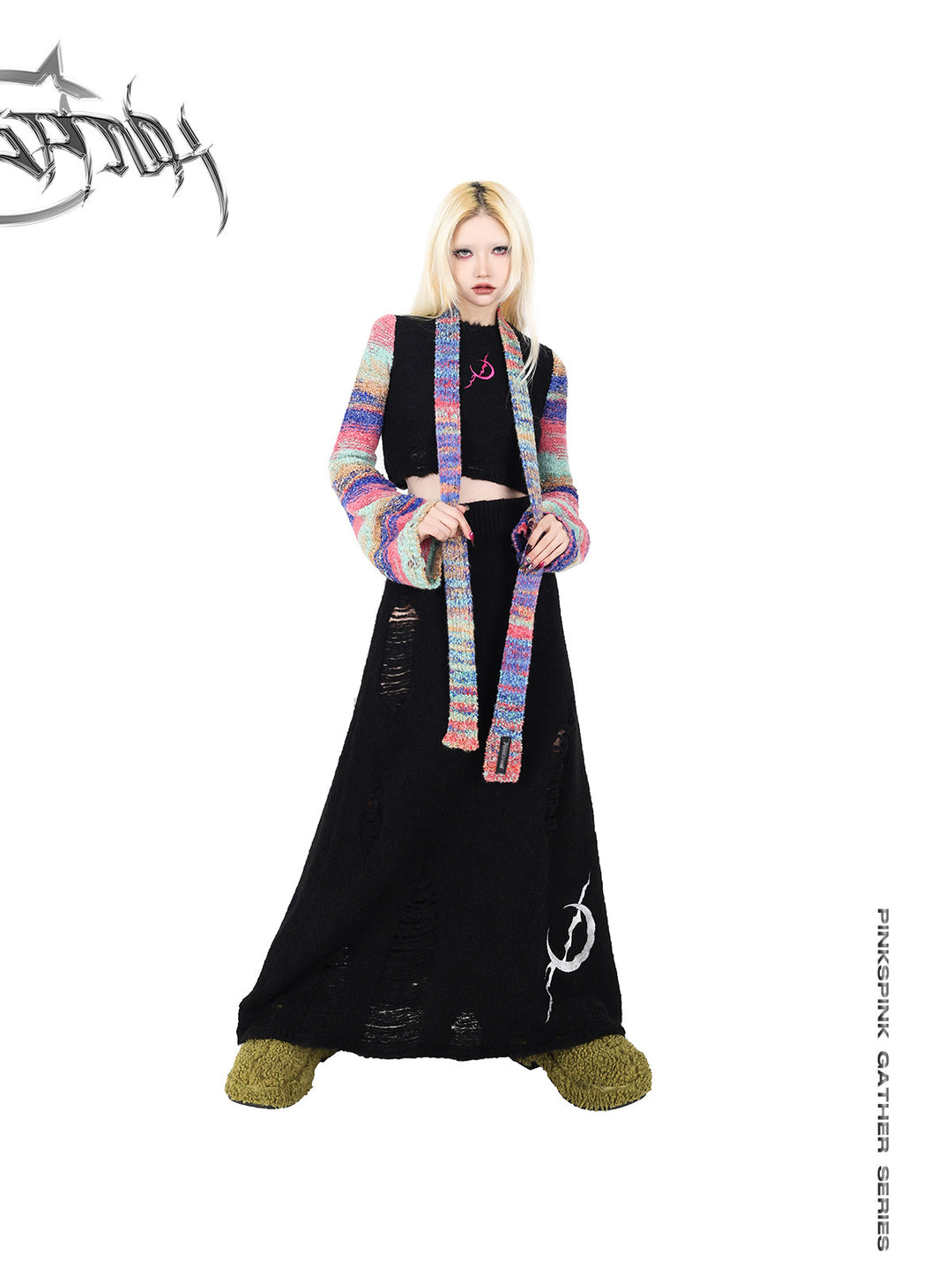 PINKSPINK ELECTRIC MOON rainbow-sleeve cropped sweater with scarf — front full-length modeled view holding both scarf ends