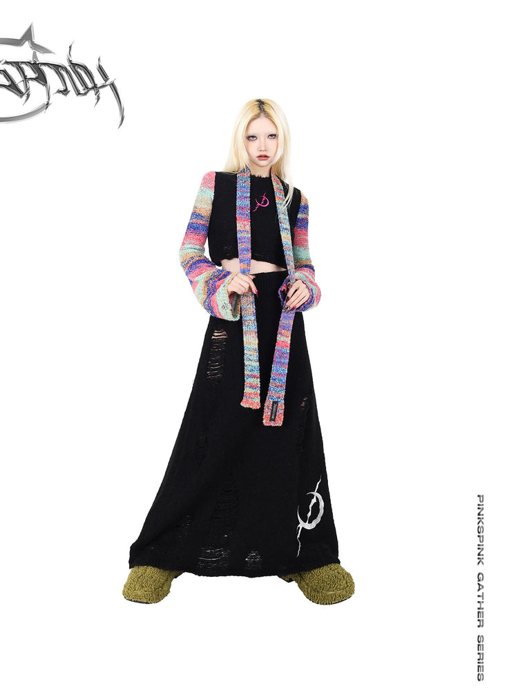 PINKSPINK ELECTRIC MOON rainbow-sleeve cropped sweater with scarf — front full-length modeled view holding both scarf ends
