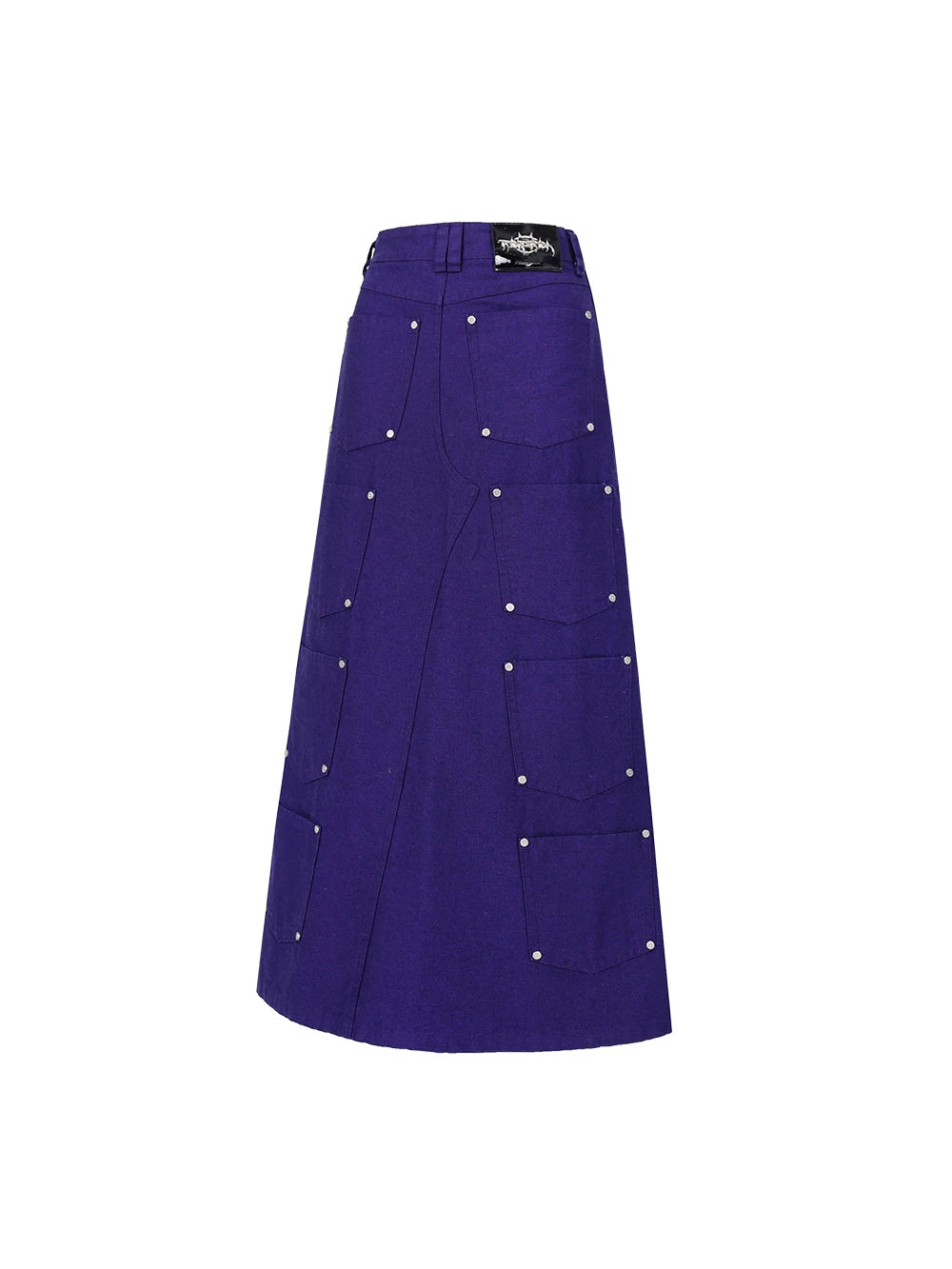 PINKSPINK DNA reconstructed multi-pocket denim maxi skirt — front garment-only view showing the reconstructed pocket layout