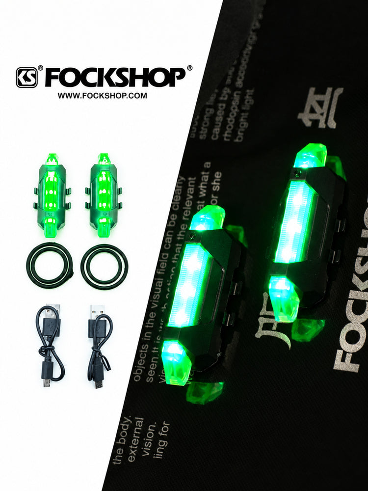FOCKSHOP TRAIN L rechargeable costume light pair — green light and included accessory collage