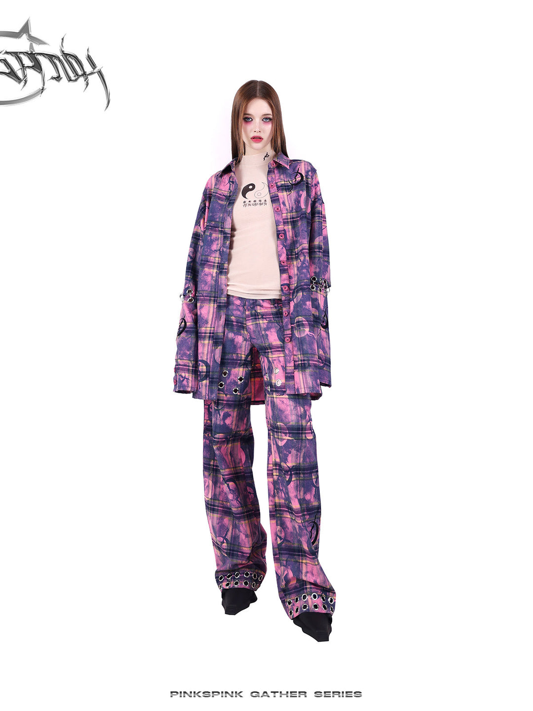 PINKSPINK ELECTRIC MOON wasteland plaid straight-leg pants — alternate gallery view showing the design details