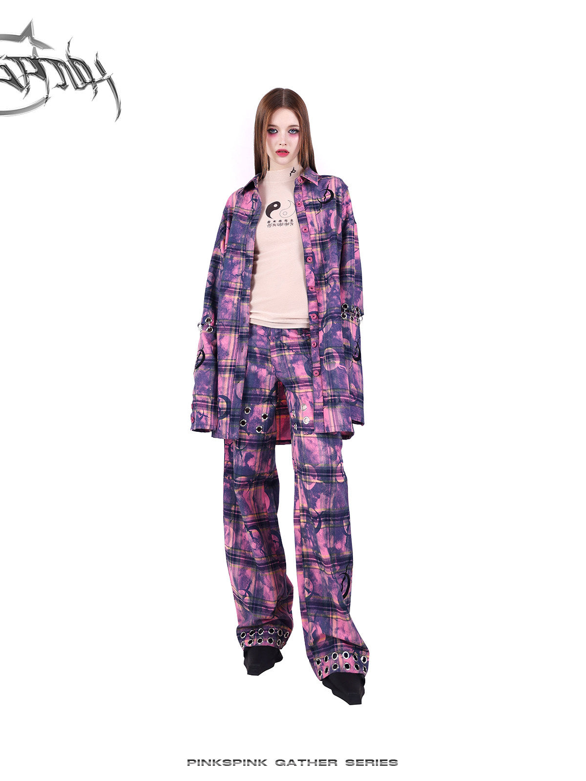 PINKSPINK ELECTRIC MOON wasteland plaid straight-leg pants — alternate gallery view showing the design details