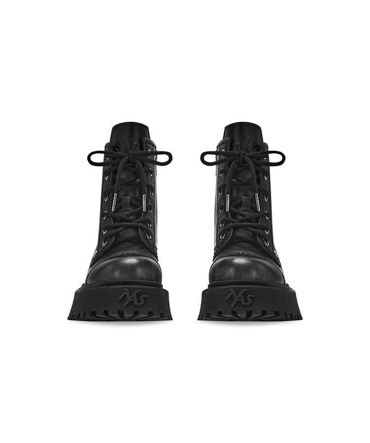NAWS KNIGHT leather platform lace-up boots in SEA NIGHT BLACK — front shoe-only view showing the brushed toe caps.