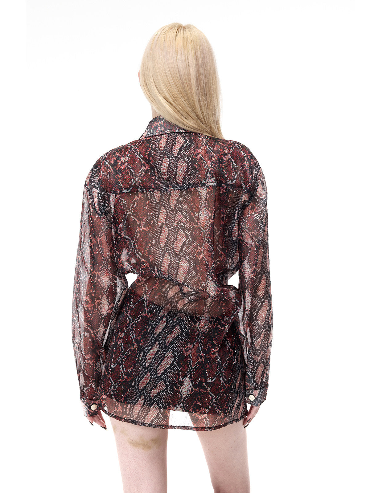 PINKSPINK VENOM rhinestone mesh shirt and mini skirt set in black and red — close rear view showing the sheer mesh shirt and animal print