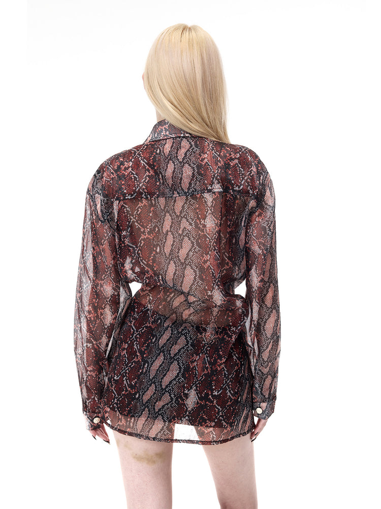 PINKSPINK VENOM rhinestone mesh shirt and mini skirt set in black and red — close rear view showing the sheer mesh shirt and animal print