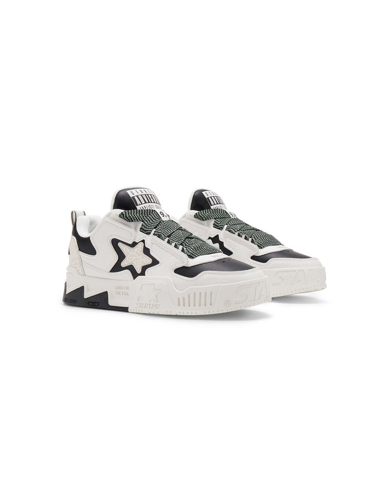 STARTER VOL-II Black White sneakers in a clean studio pair view, showing broad patterned laces and layered star panels