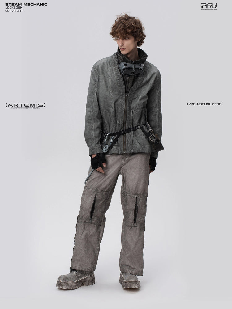 GAIA meteor gray open-collar technical robe — full-length modeled view in a relaxed angled stance