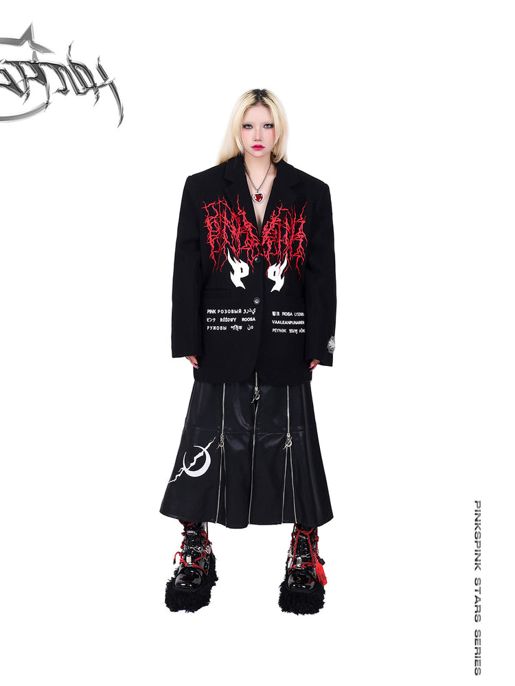 PINKSPINK ELECTRIC MOON zip-panel faux-leather maxi skirt — front full-length modeled view with arms at the sides