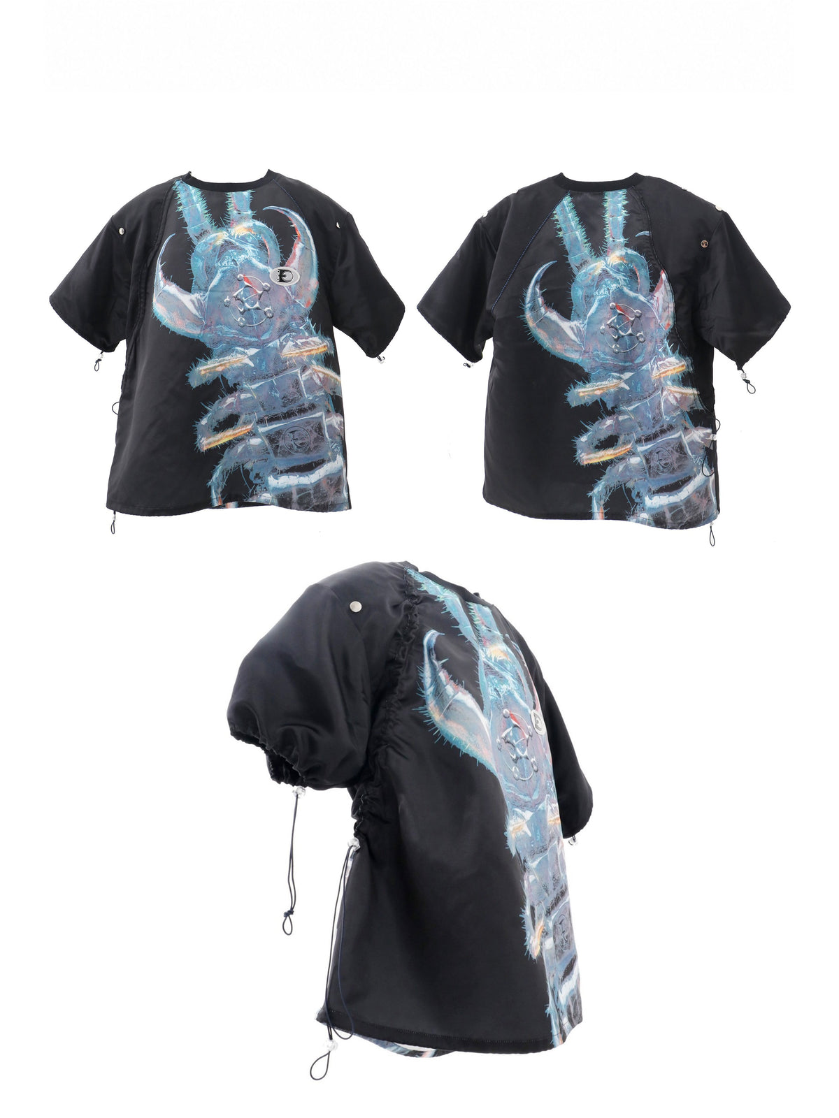 EMBRYO FIVE POISONS black detachable-shoulder T-shirt — garment-only front, back and gathered side views