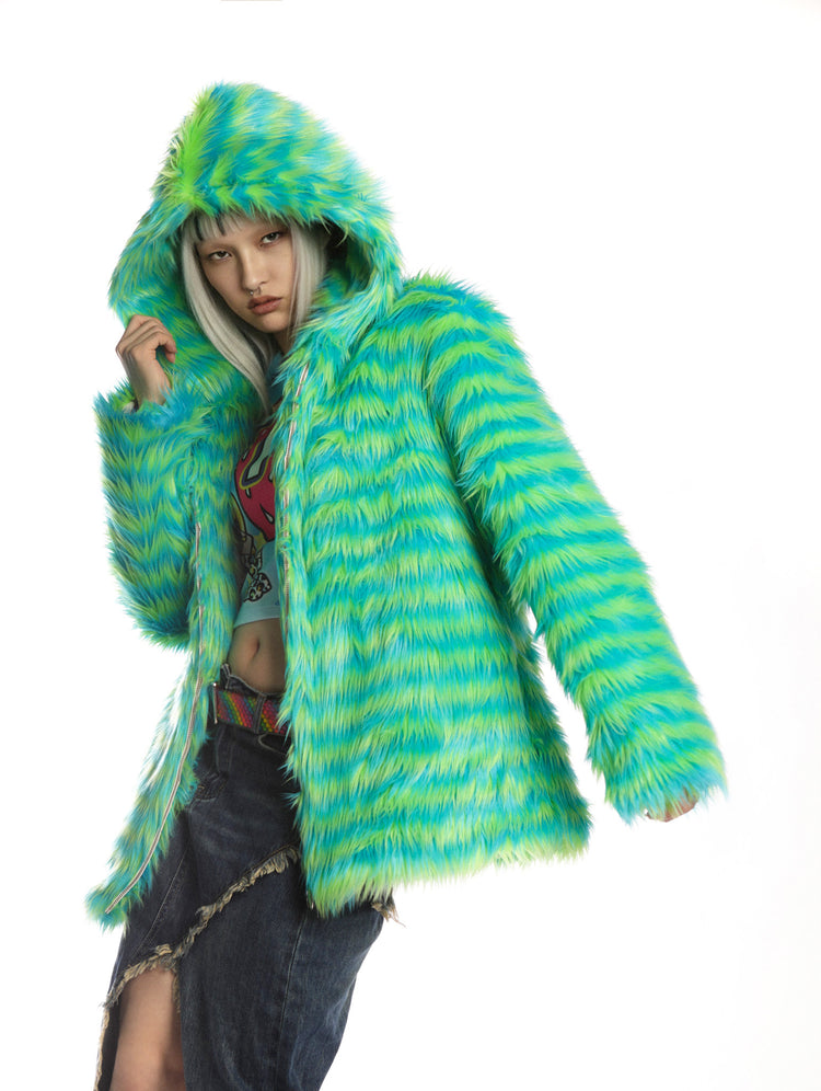 DEADENDKIDS RAVE STRIPE faux-fur hooded jacket — close modeled view
