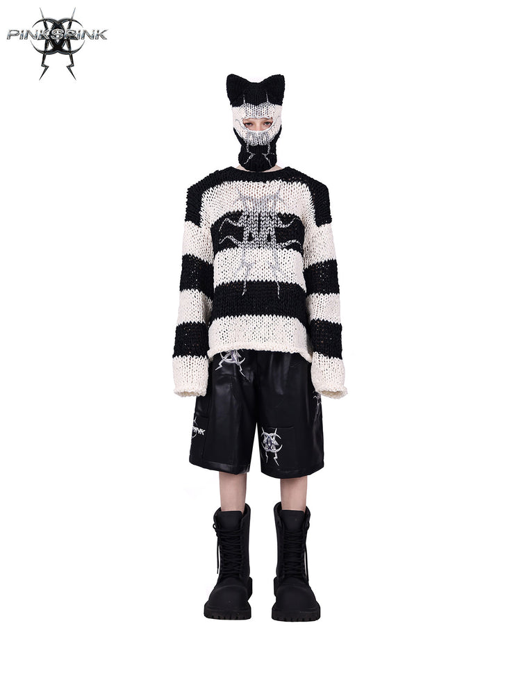 PINKSPINK MIRROR striped open-knit padded-shoulder sweater in black white stripes — front full-length modeled view with the matching balaclava